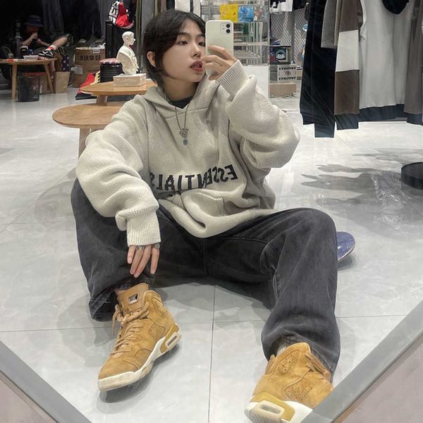 

knitted hoodie sweater men's women fashion couple essentials autumn and winter sweatshirt qqpn, Black