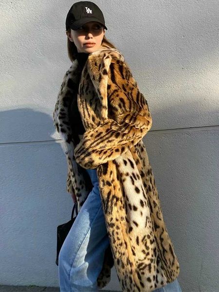 

women's fur faux winter long warm thick leopard fluffy trench coat women print jacket loose luxury designer female outwear 2022 t221102, Black