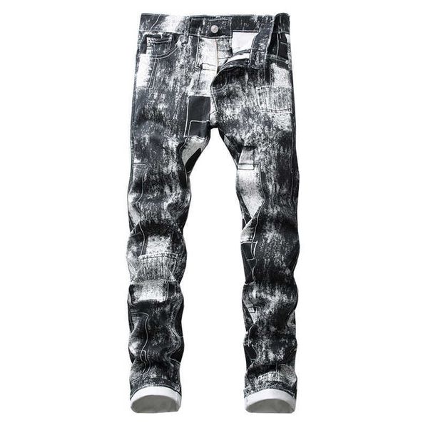 

men's men's jeans slim fit black printed white jeans fashion smoky gray stretch pants t221102, Blue