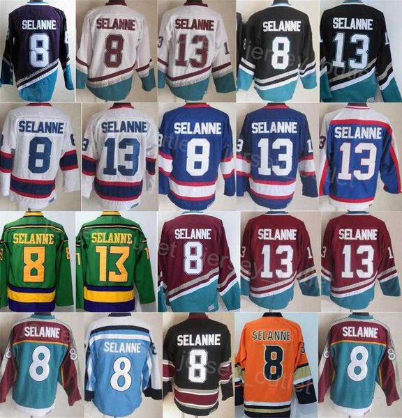 

men retro hockey 8 teemu selanne jersey vintage classic all stitched mighty purple black white orange red blue team color for sport fans&#03, Black;red