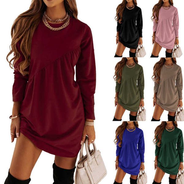 

2022 autumn and winter new solid color long sleeve irregular round neck t dress women's wear, Black;gray