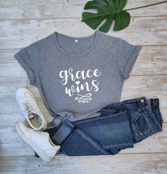 

womens grace wins t shirt christian jesus motivational tee religion slogan quote, White