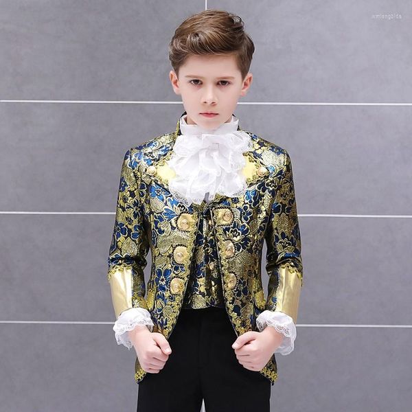 

stage wear boy's retro european court clothes prince costume piano costumes noble suit jacket vest pants 3-piece set, Black;red