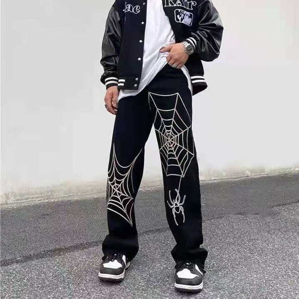 

men's jeans spider web printing straight casual jeans pants men and women vibe style ripped oversize loose denim trousers streetwear 20, Blue