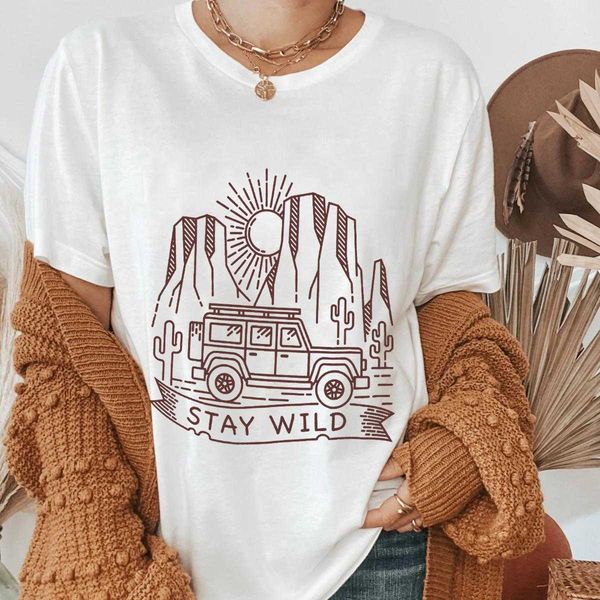 

stay wild t-shirt camping graphic shirt cactus desert scene tee women, White
