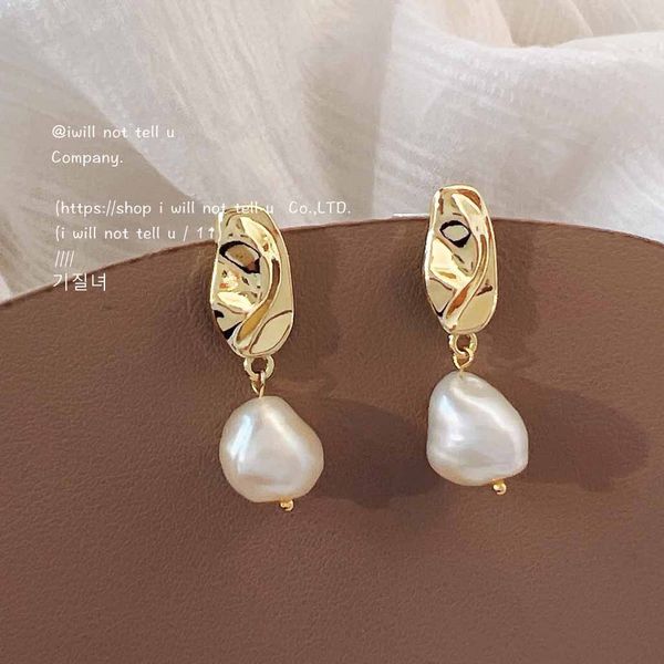 

french luxury freshwater earrings charm tender baroque shaped freshwater full pearl 925 silver needle handmade design matte, Golden