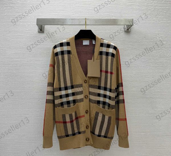 

cardigan womens sweater classic plaid double pocket v neck knitting cardigans single button long sleeve standard wool knitwear high-end bran, White;black