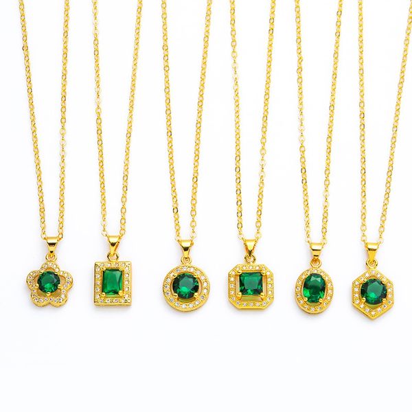 

pretty women pendant chain green crystal zirconia micro inlaid square star pentagram fashion 18k yellow gold filled elegant accessories, Silver