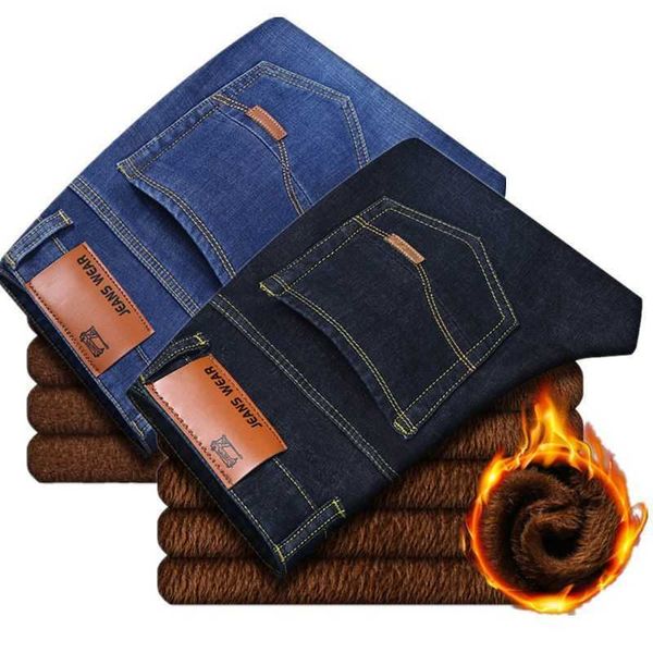 

autumn and winter plush jeans men's loose straight tube casual versatile working thickened warm elastic pants, Blue