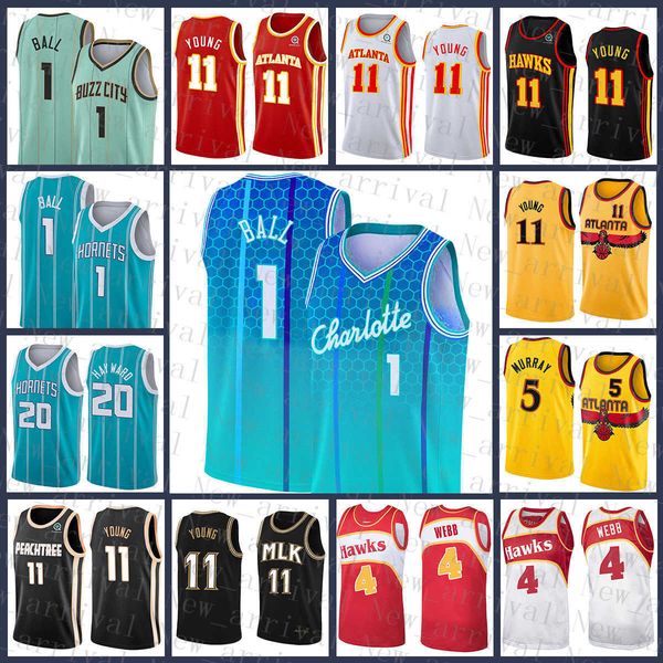 

charlottes hornet atlantas hawk 1 20 11 5 4 basketball jersey gordon hayward lamelo ball trae young dejounte murray spud webb gradient, Black;red