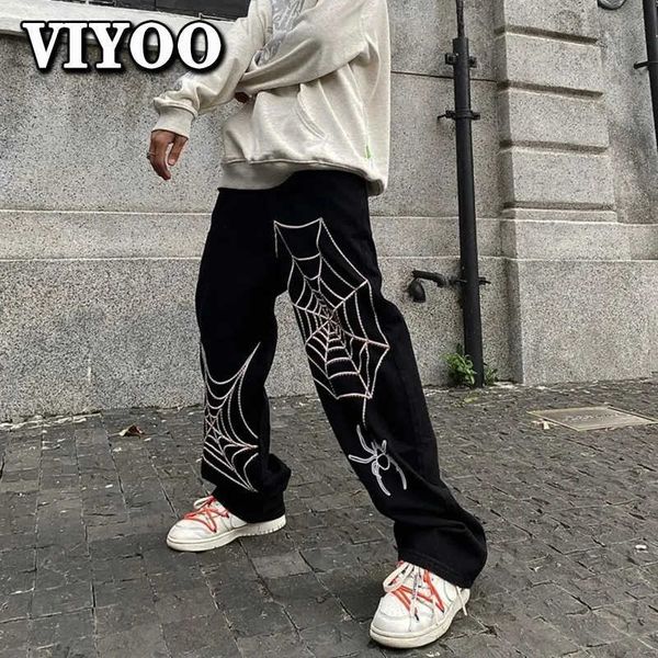

men's jeans spider printed y2k clothes straight vintage casual jeans pant women ripped oversize loose denim trousers streetwear pants, Blue