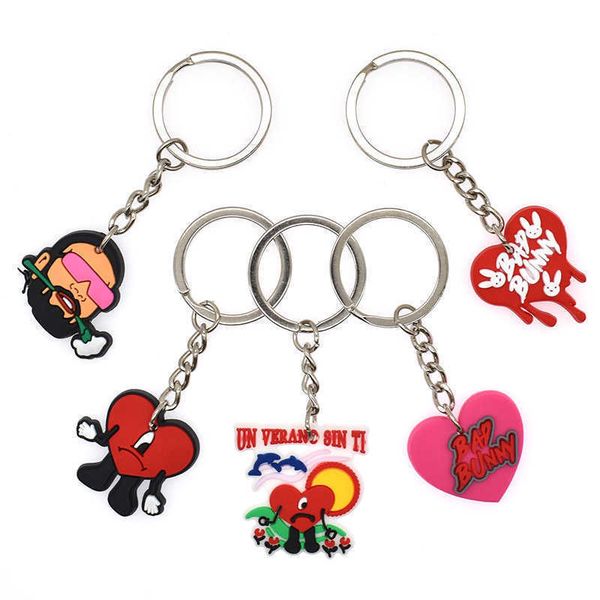 

fashion keychainskeychains lanyards 1 pcs rubber pvc keychain latin singer bad bunny keyring gift kid cartoon soft silicone key holder for f, Silver