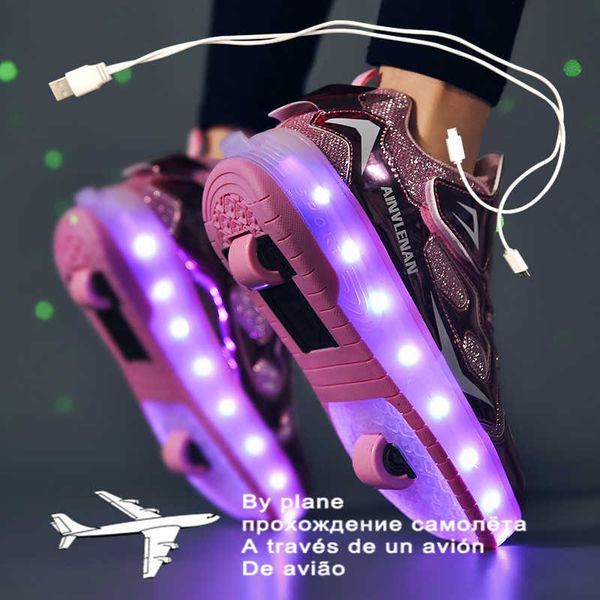 

kids usb charging children sneakers with 2 wheels girls boys led light roller skate casual shoes, Black;red