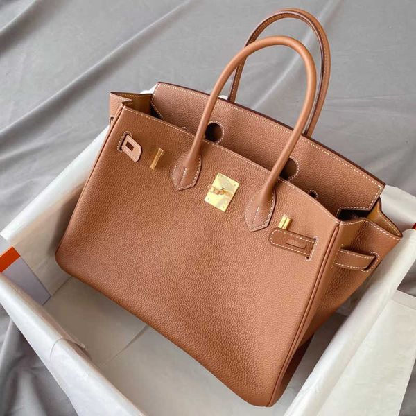 

h bag designer bag h erme first layer leather fashion full manual wax thread 25 30cm togo calf leather portable women elephant grey