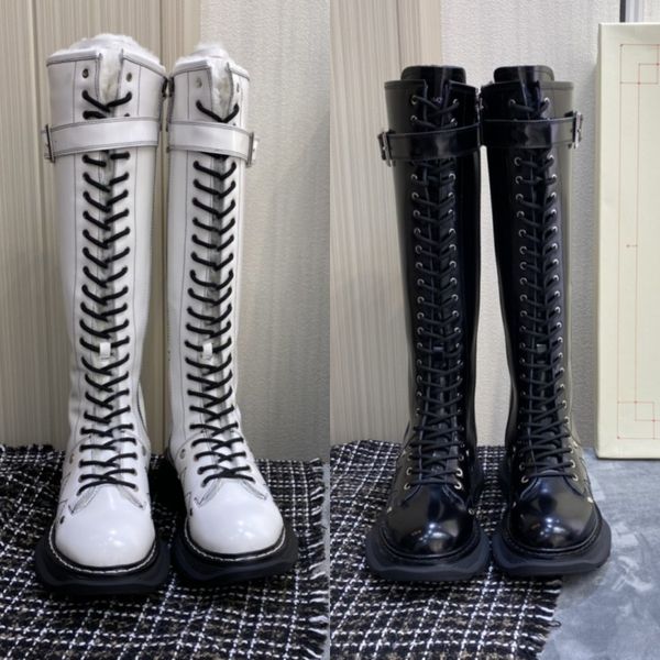 

wool fur lined luxury designer winter boots tall tread slick boot women's patent black white lace-up knee high booties zip up platform