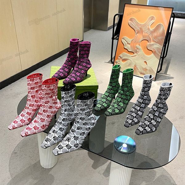

women g knitted ankle boots elastic sock boot diamond grid high heels socks heeled fashion designer alphabetic lady letter thick shoes, Black