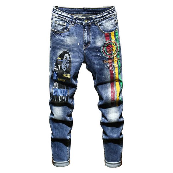 

men's jeans men's letters embroidery painted stretch denim jeans streetwear trendy slim straight pants trousers t221102, Blue