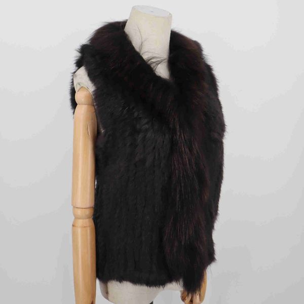 

women's fur faux 2021 fashion real rabbit vest high-end knitted sleeveless vests with natural raccoon jacket coat t221107, Black