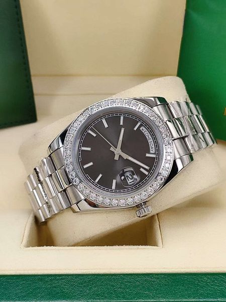 

mens watches 41mm diamond bezel grey dial automatic 2813 movement wristwatch silver stainless steel strap man mechanical wristwatches men&#0, Slivery;brown