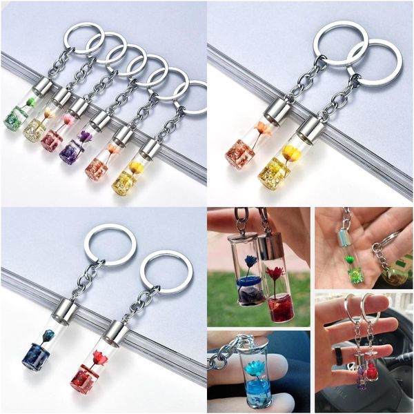 

creative dry flower bottle key rings eternal flower sparkling keychain assorted color for women girl car bag lucky accessories, Slivery;golden