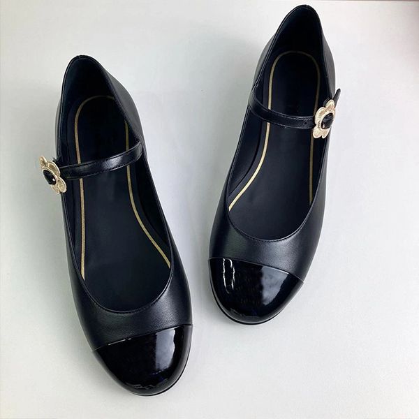 

casual flat shoes leather luxury designer splicing sheepskin calf patent fashionable elegant round head mary jane shoes, Black