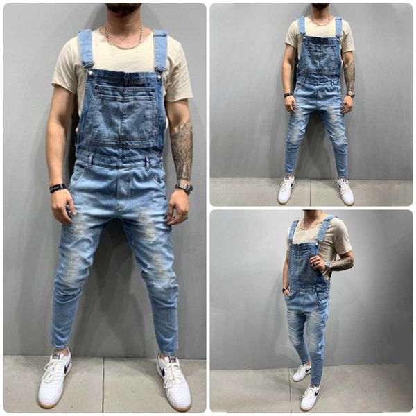 

fashionable men's braces denim jumpsuits torn jeans pants are popular, Blue