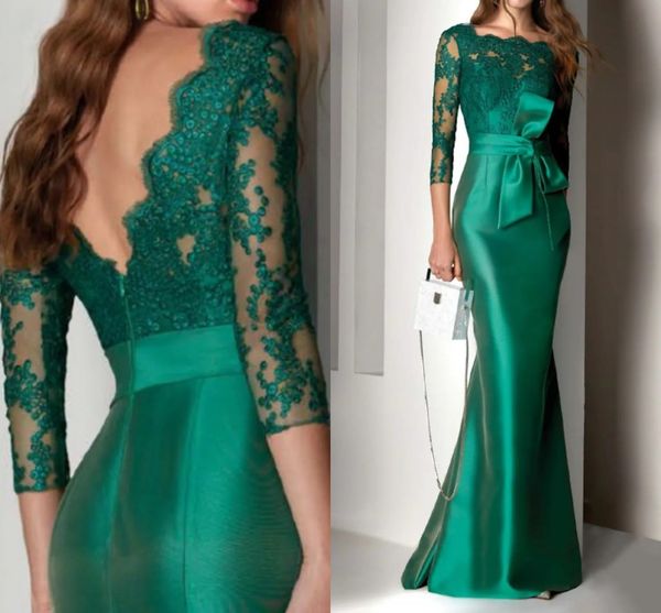 

green prom dresses 2023 elegant boat neck floor length satin lace half sleeve with bow evening formal gowns robes de soiree vestidos fieast, Black