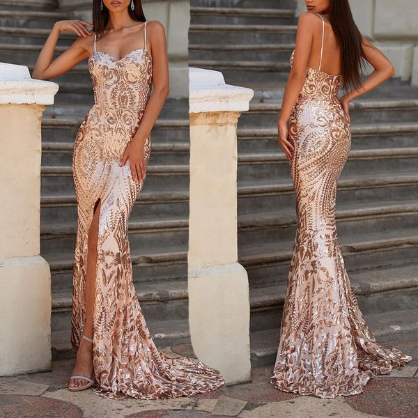 

2022 gold mermaid prom dresses sequined pleats high slit evening dress strap long formal princess party gowns customize, Black;red
