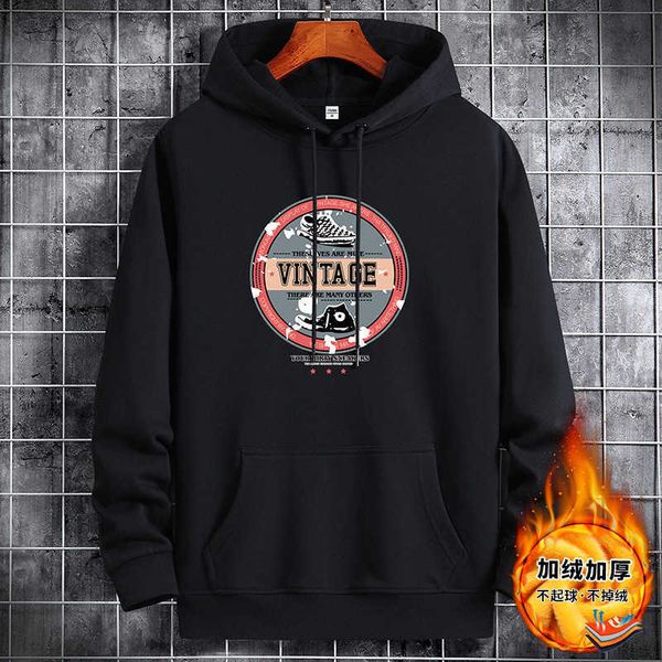 

autumn and winter new hooded sweater men's plush thickened solid cotton casual versatile trend top, Black
