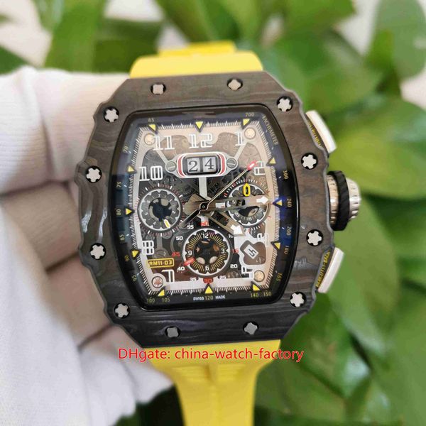 

new chronograph mechanical wrist watches rm11-03 items skeleton carbon yellow rubber bands sapphire transparent automatic men's high-qu, Slivery;brown