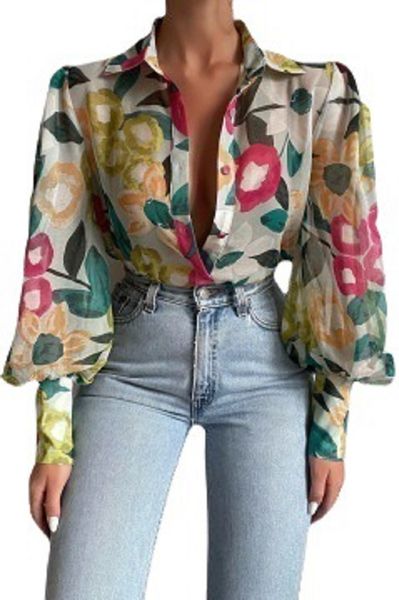 

print long puff sleeve women's shirt elegant v-neck floral office women shirts spring summer fashion ladies blouses, White