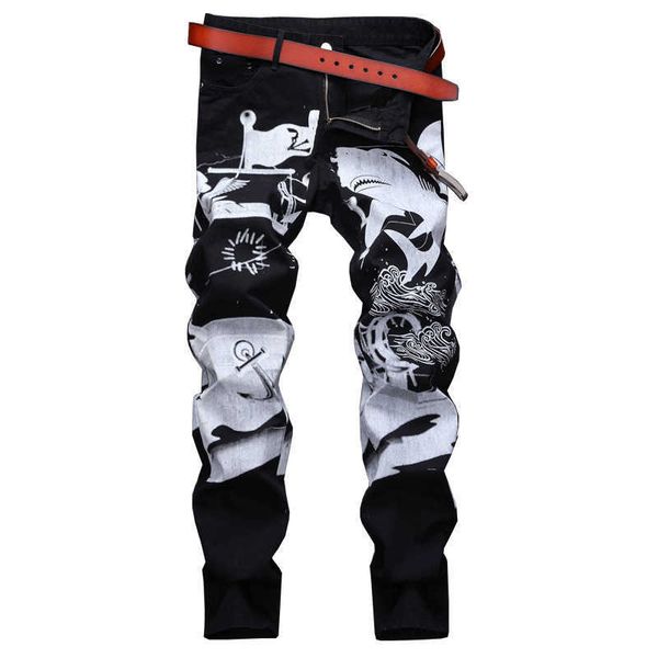 

men's jeans men's white painting printed black jeans fashion painted slim straight pants t221102, Blue