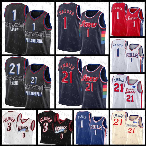 

2022 philadelphias 76er james 1 harden basketball jersey joel 21 embiid allen 3 iverson julius 6 erving breathable, Black;red