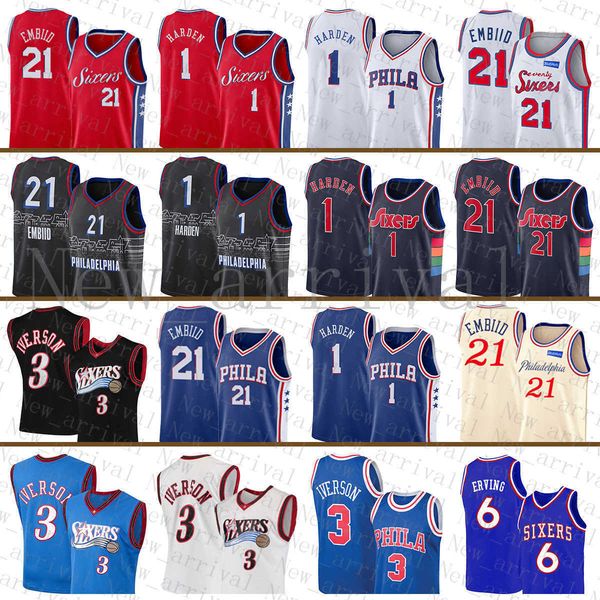 

2022 philadelphias 76er james 1 harden basketball jersey joel 21 embiid allen 3 iverson julius 6 erving inexpensive, Black;red