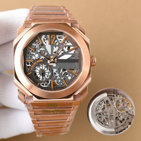 

43mm fashion mens watches 904l stainless steel case band buckle mechanical automatic movement blue black silver hollow dial watch montre de, Slivery;brown