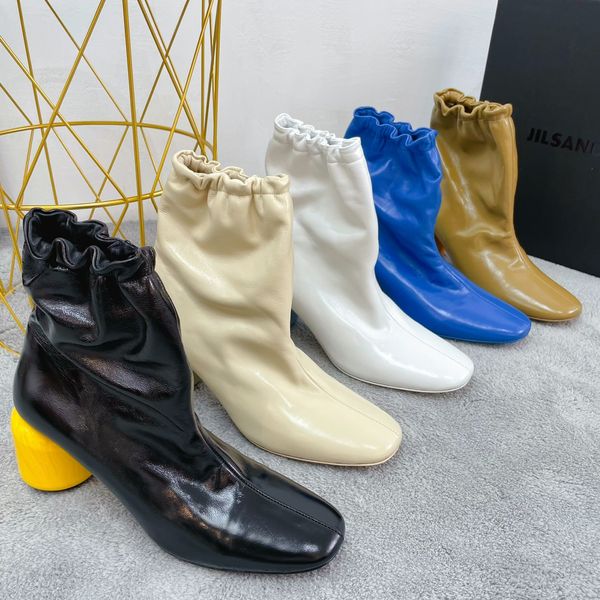 

designer luxury boots womenhigh heel leather chelsea round head wrinkle round heelelasticboots, Black