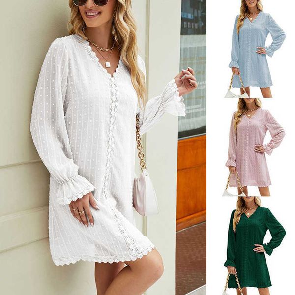 

french autumn v-neck casual long sleeve straight lace chiffon dress, Black;gray