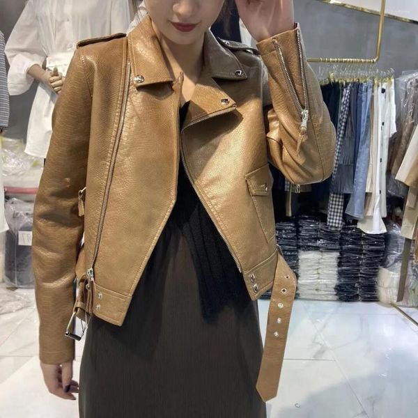 

women's jackets spring and autumn women serpentine faux leather jacket with belt casual motorcycle biker clothing, Black;brown