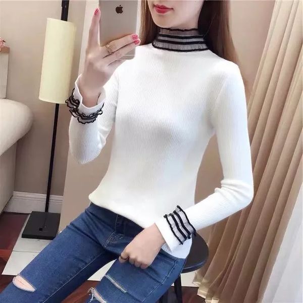 

elegant lace women sweater fashion autumn pullover long sleeve slim girl casual korean female basic knitted jumper, White;black