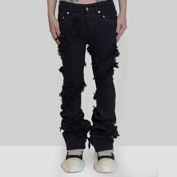 

men's jeans fashion flared ripped distressed streetwear black denim pants long ribbons trend man, Blue