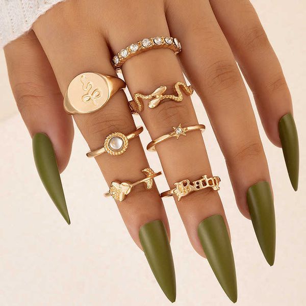 

new gold letter snake diamond ring set geometrically irregular star seven piece ring set, Silver