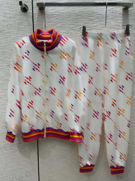 

designer brands womens two piece pants full body print stand collar zip coats elastic waist loose casual trousers fashionable women tracksu, White