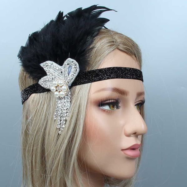

black feather elastic headband ivory pearl silver crystal beading & tassel feather headbands christmas party 1920s hair accessories