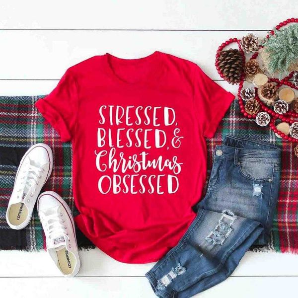 

stressed blessed and christmas obsessed t-shirt women fashion slogan, White