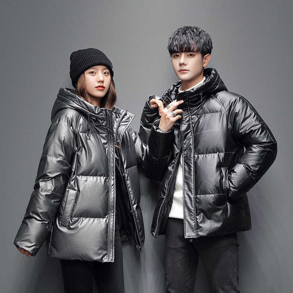

couple men and women's short down jacket high grade bright thickened warm winter youth men's clothing, Black