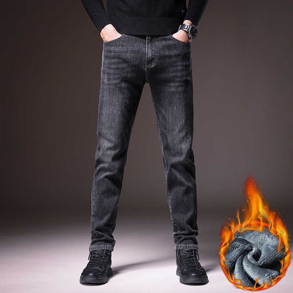 

cashmere jeans men's winter denim pants straight leg fashion casual, Blue