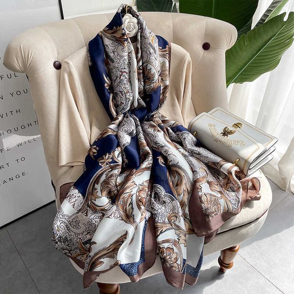 

scarves luxury brand classic women silk scarf female ladies wrap chiffon beh shawl printed sunscreen bandanna foulard muffler y2211, Blue;gray