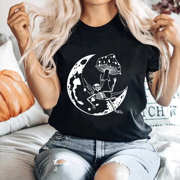 

goblincore moon mushroom t-shirt funny skeleton on graphic shirt street, White