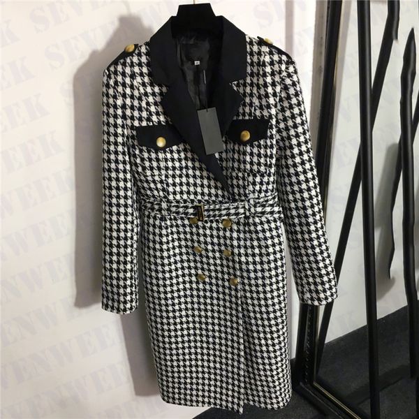 

plaid pattern woolen coats blends for women luxury brand suit dress coat fashion ladies jackets outerwear with metal letter belt, Black