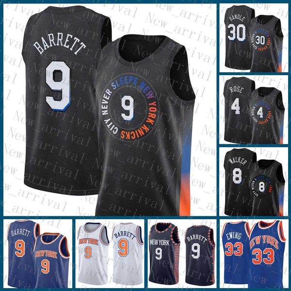

jersey new''york''knicks''men 8 33 rj barrett julius randle derrick rose basketball jersey 9 30 4 kemba walker, Black;red